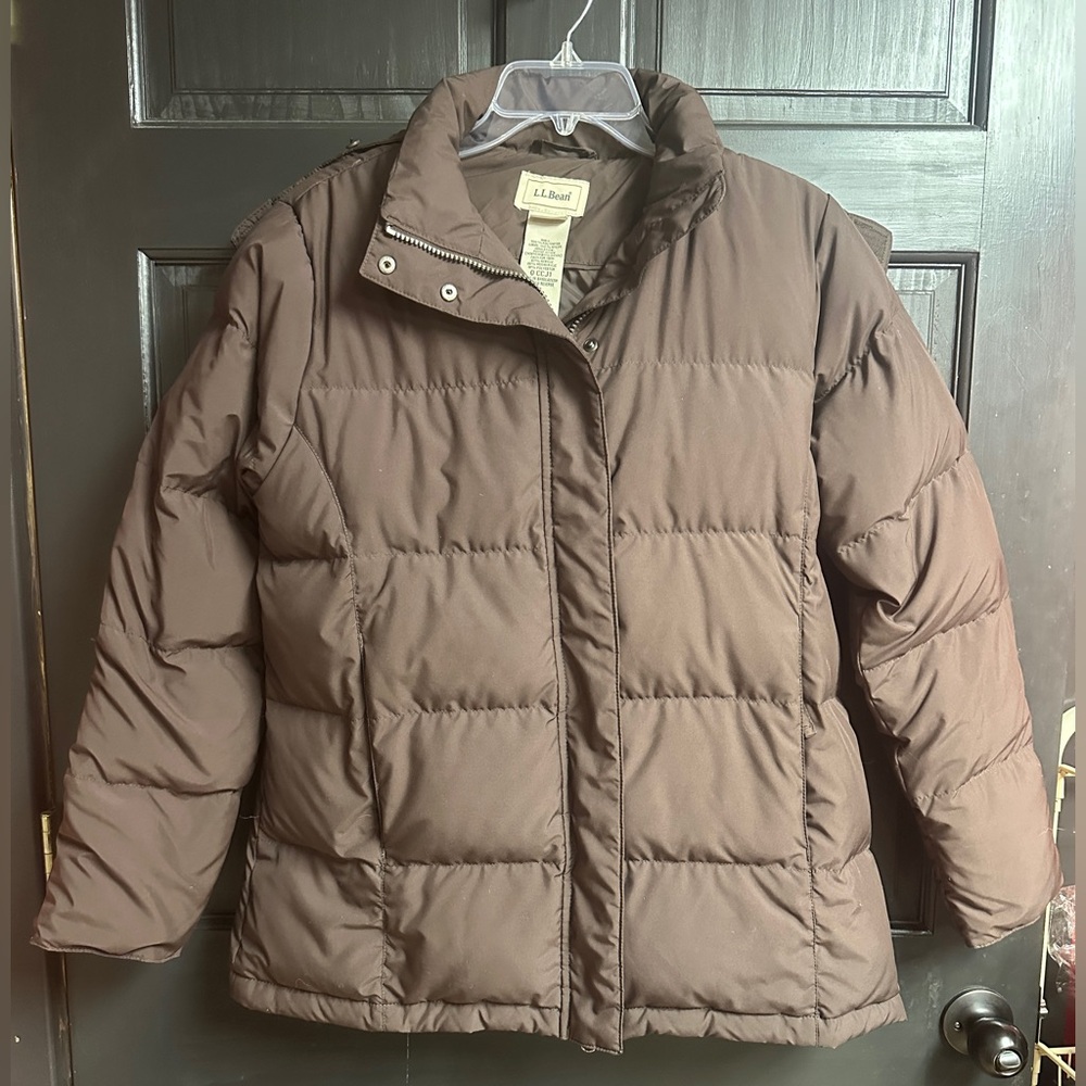 LL Bean Brown Quilted Down Filled Puffer Coat, Detachable Hood Women’s Sz M Reg